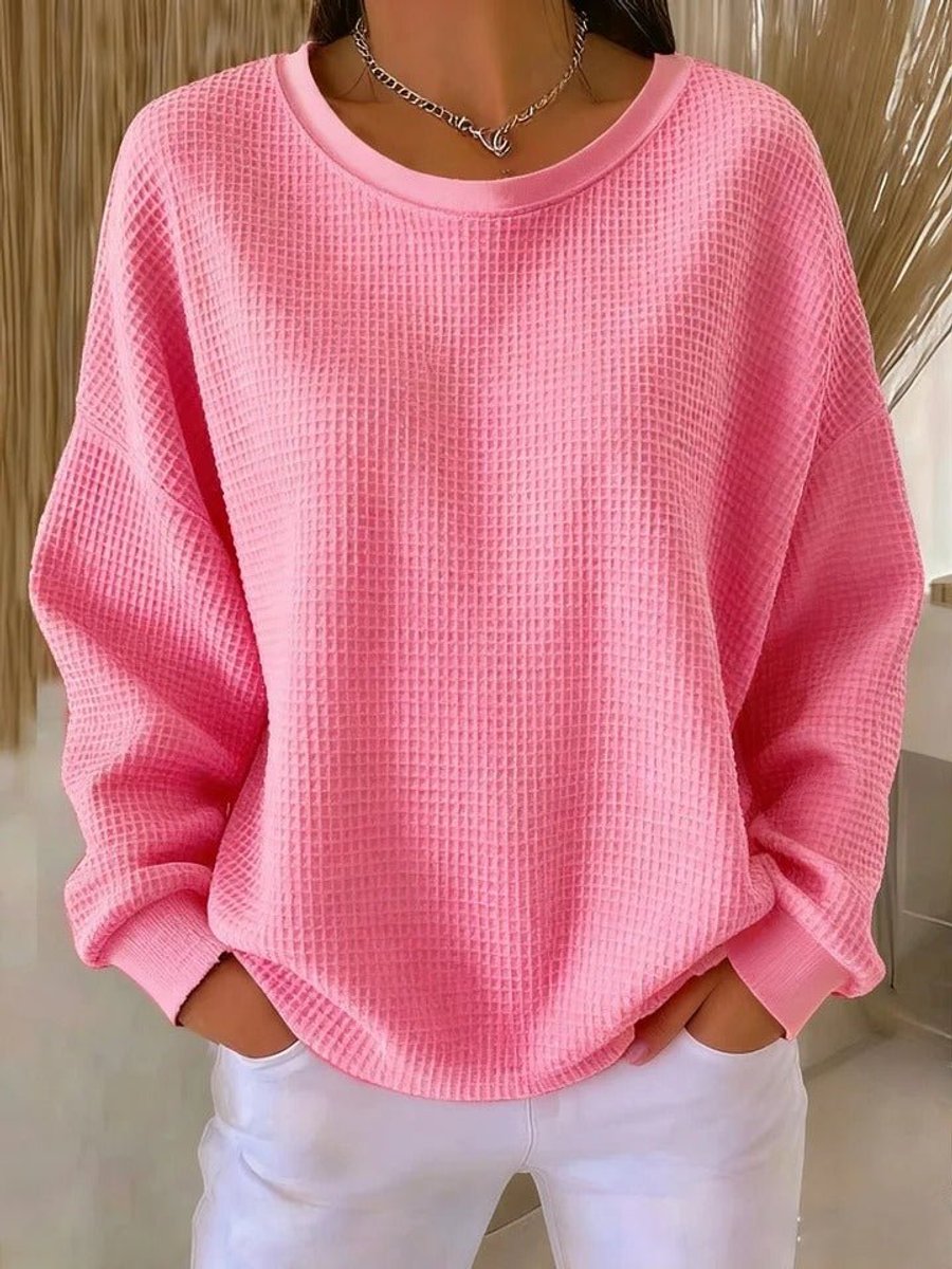 Women's Oversized Waffle-Knit Crewneck Long-Sleeve Sweater