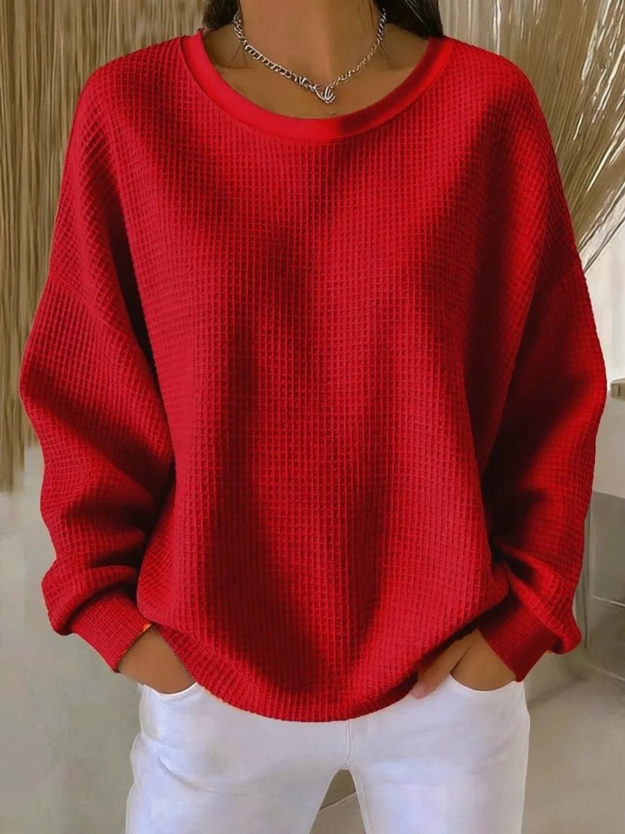 Women's Oversized Waffle-Knit Crewneck Long-Sleeve Sweater