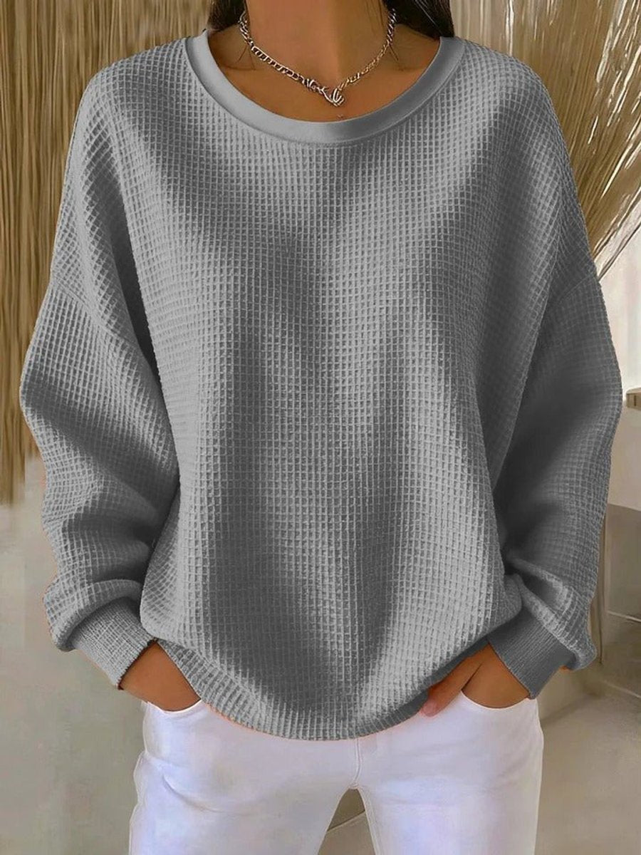Women's Oversized Waffle-Knit Crewneck Long-Sleeve Sweater