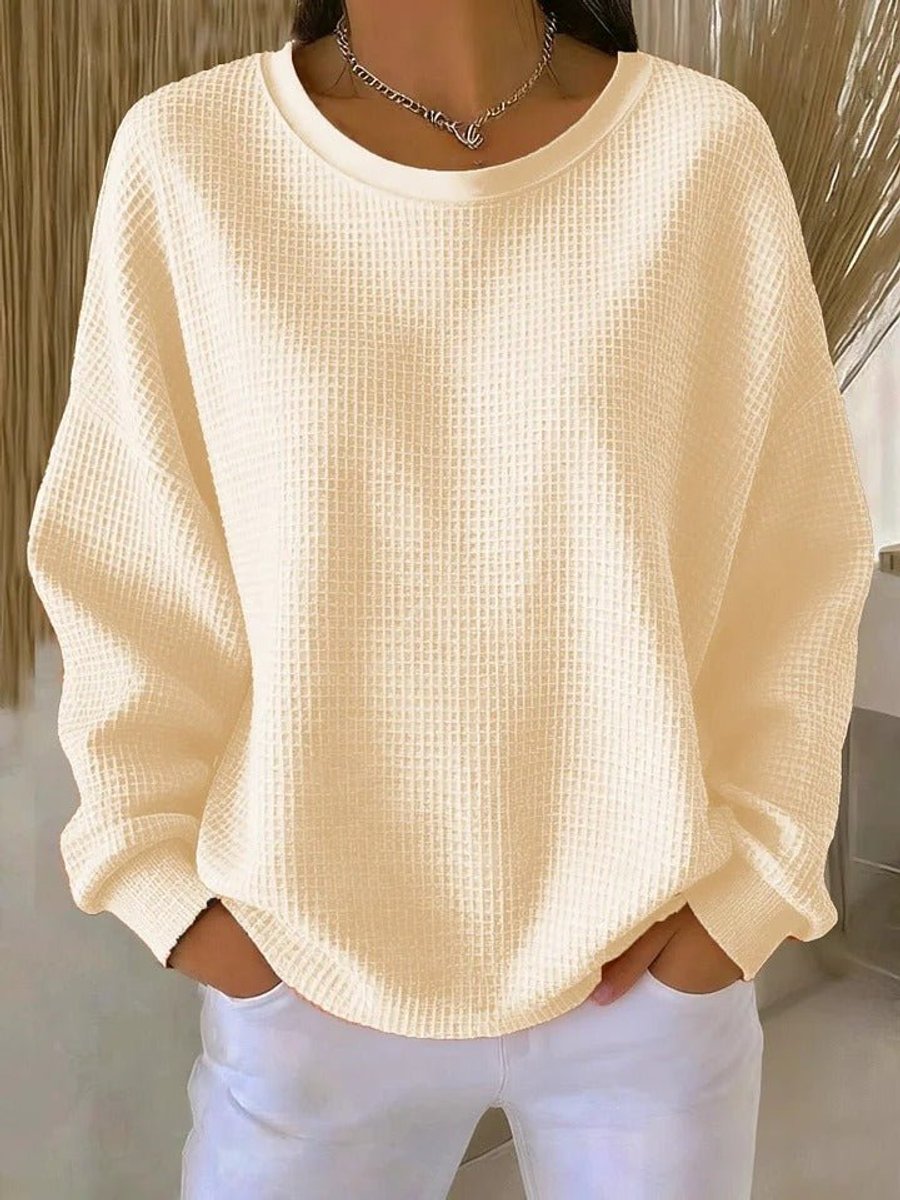 Women's Oversized Waffle-Knit Crewneck Long-Sleeve Sweater