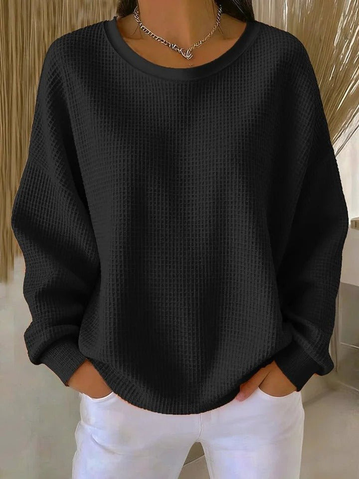 Women's Oversized Waffle-Knit Crewneck Long-Sleeve Sweater