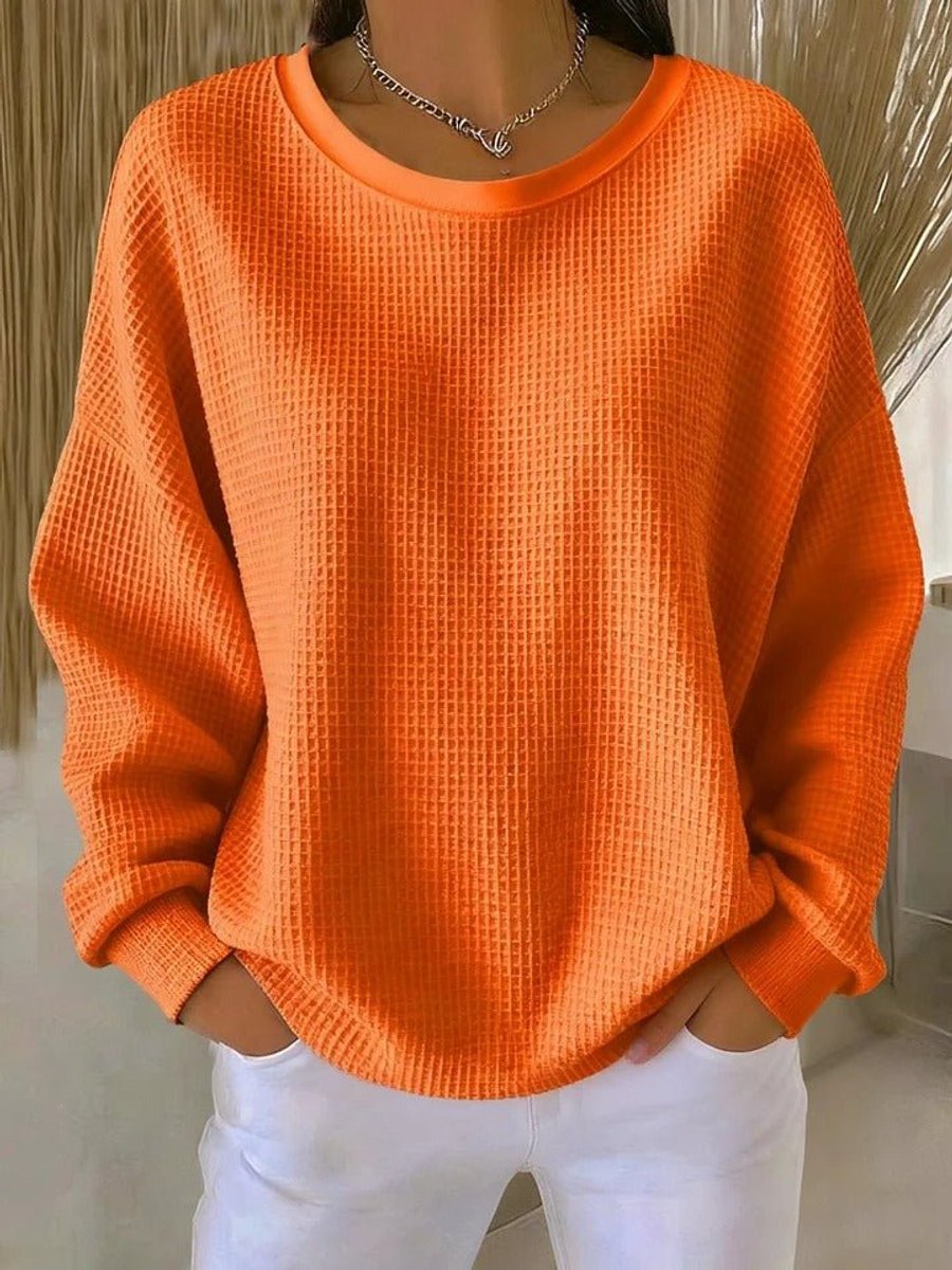 Women's Oversized Waffle-Knit Crewneck Long-Sleeve Sweater