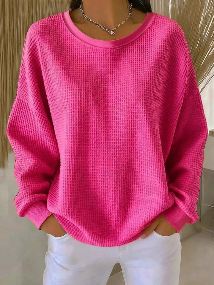 Women's Oversized Waffle-Knit Crewneck Long-Sleeve Sweater