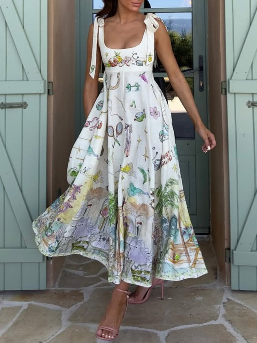 Women's Painted Print Square-Neck Tie-Strap Midi Formal Dress