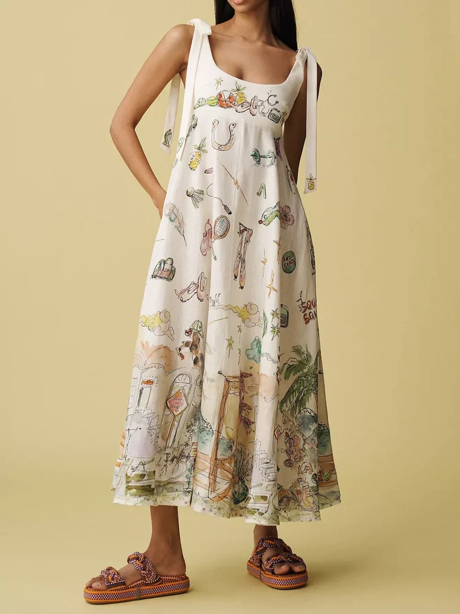 Women's Painted Print Square-Neck Tie-Strap Midi Formal Dress