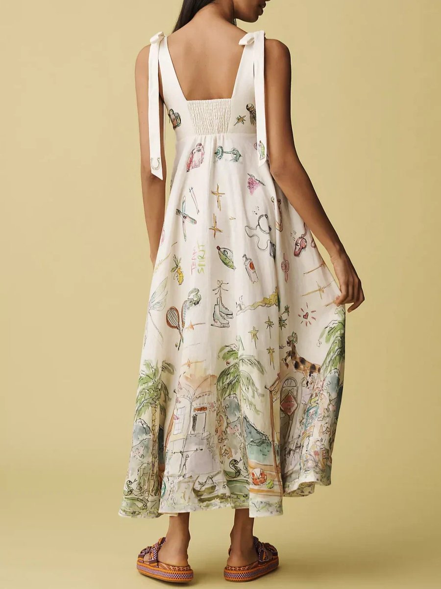 Women's Painted Print Square-Neck Tie-Strap Midi Formal Dress