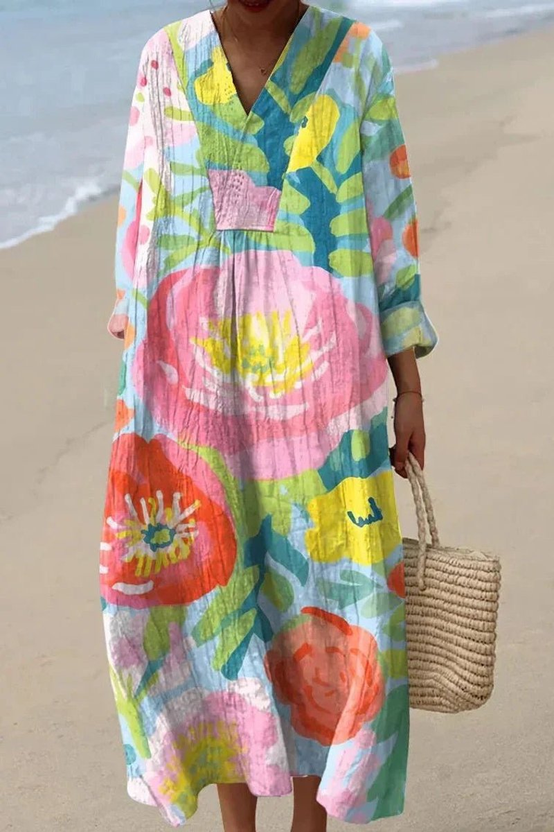 Women's Painterly Floral Linen V-Neck Long Sleeve Fall Dress Oversized Maxi
