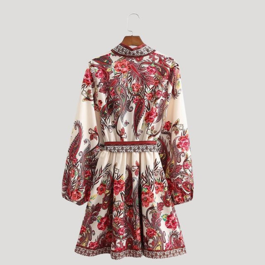 Women's Paisley Floral Long-Sleeve Belted Fall Midi Dress