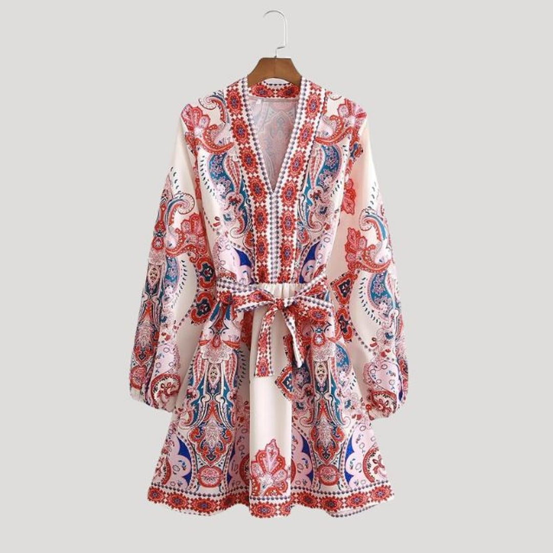 Women's Paisley Floral Long-Sleeve Belted Fall Midi Dress