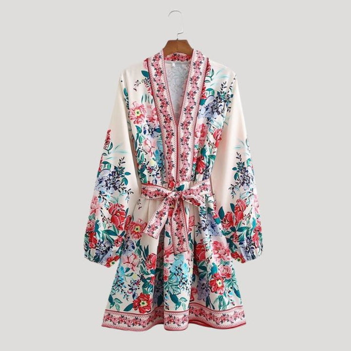 Women's Paisley Floral Long-Sleeve Belted Fall Midi Dress