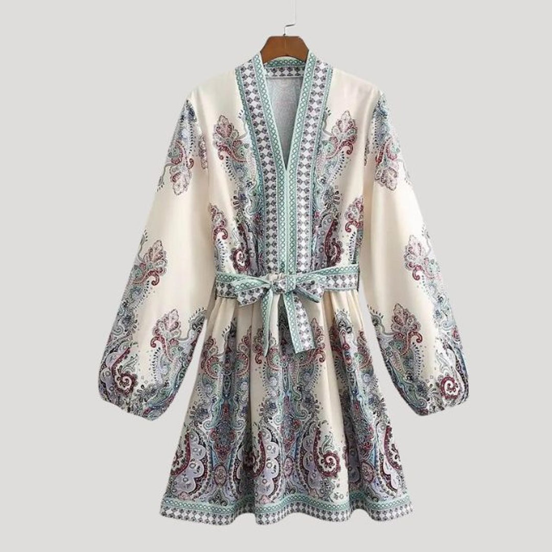 Women's Paisley Floral Long-Sleeve Belted Fall Midi Dress