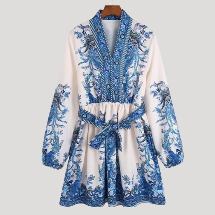 Women's Paisley Floral Long-Sleeve Belted Fall Midi Dress