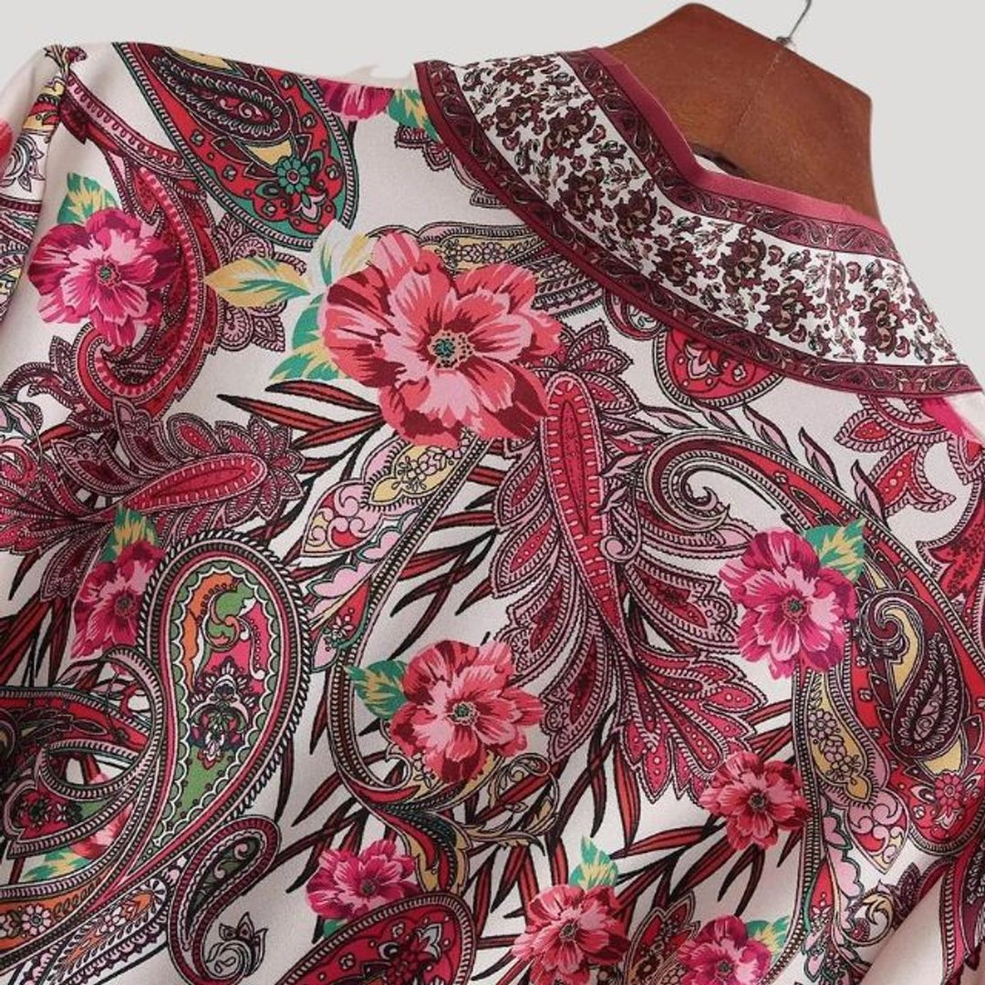 Women's Paisley Floral Long-Sleeve Belted Fall Midi Dress