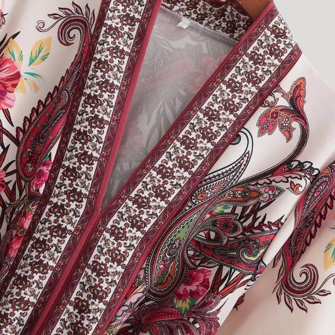 Women's Paisley Floral Long-Sleeve Belted Fall Midi Dress