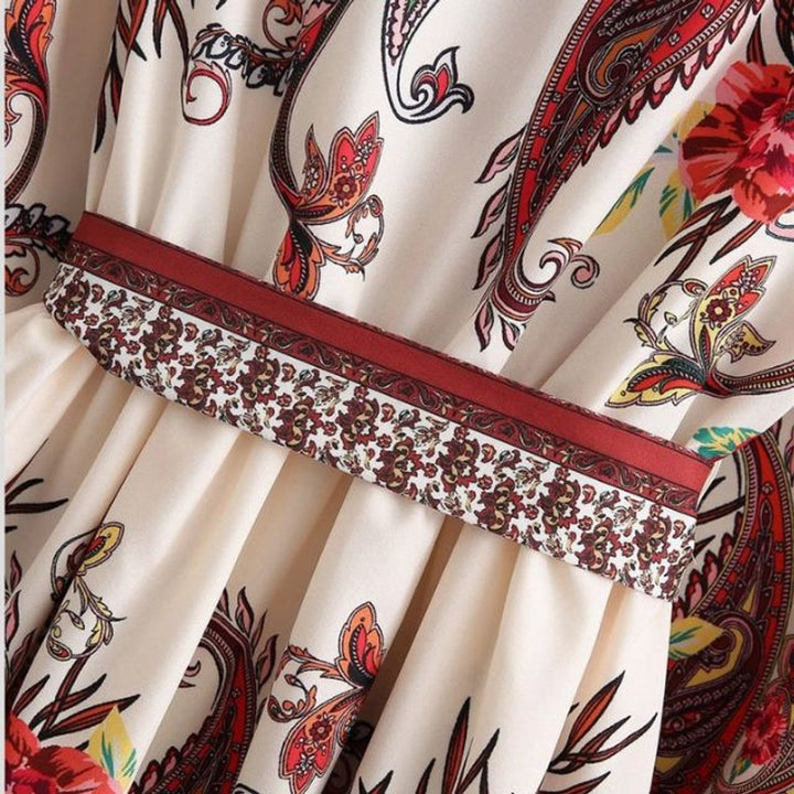 Women's Paisley Floral Long-Sleeve Belted Fall Midi Dress