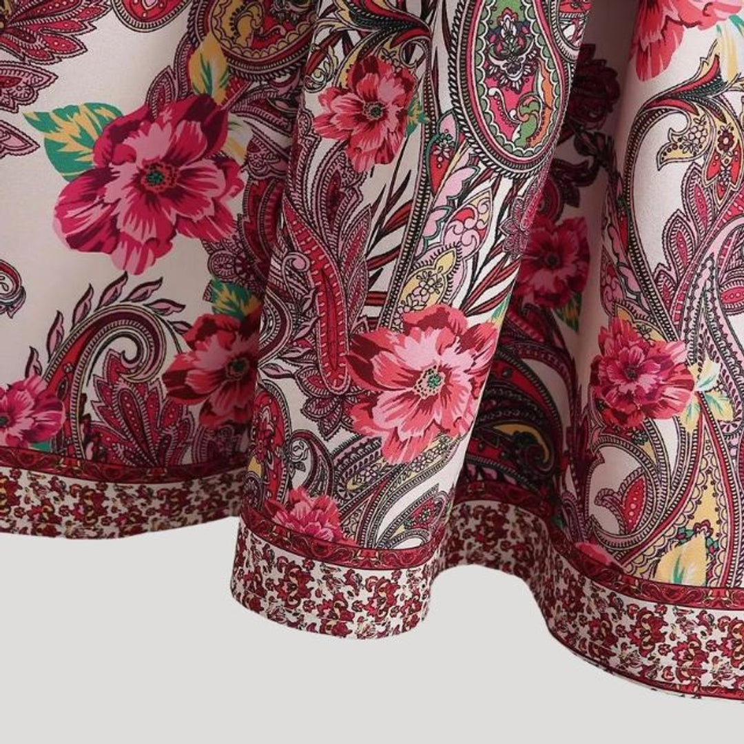 Women's Paisley Floral Long-Sleeve Belted Fall Midi Dress