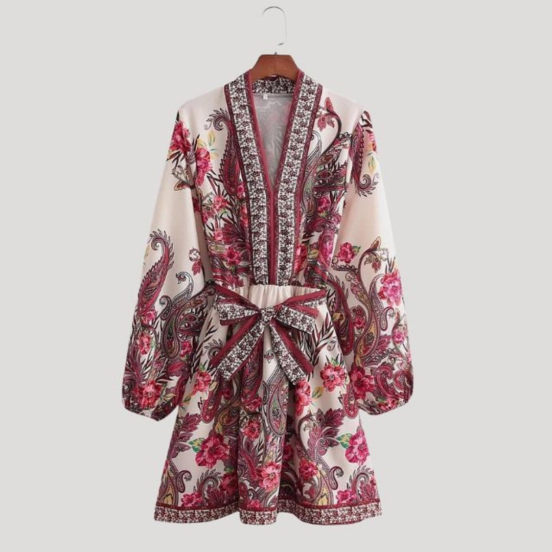 Women's Paisley Floral Long-Sleeve Belted Fall Midi Dress