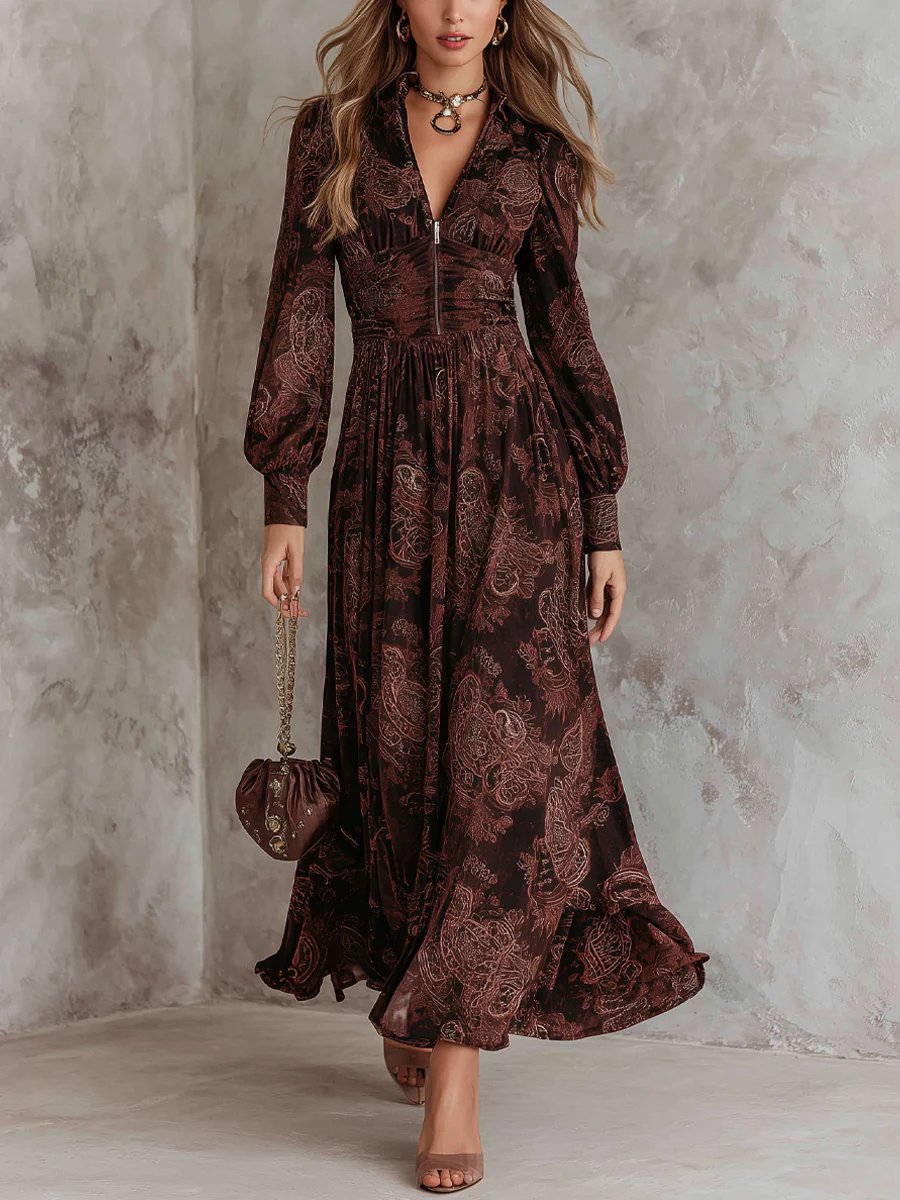 Women's Paisley-Print Long-Sleeve Zip-Front Maxi Formal Dress
