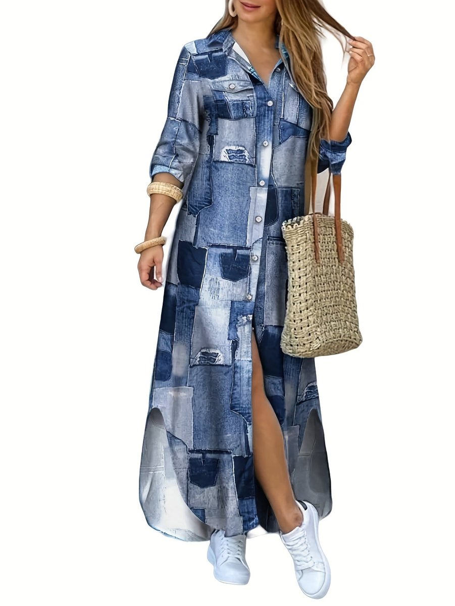 Women's Patchwork Denim Print Button-Down Fall Midi Dress