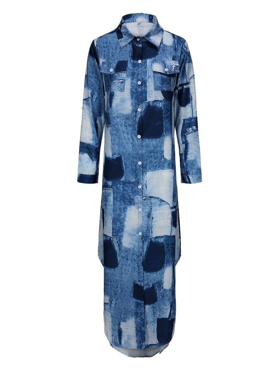 Women's Patchwork Denim Print Button-Down Fall Midi Dress