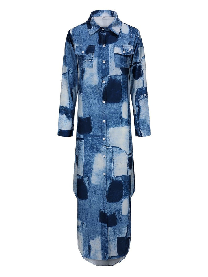 Women's Patchwork Denim Print Button-Down Fall Midi Dress
