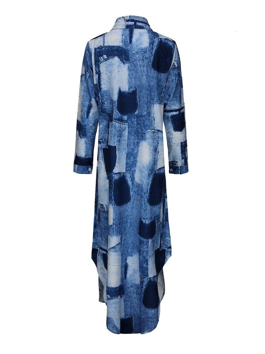 Women's Patchwork Denim Print Button-Down Fall Midi Dress