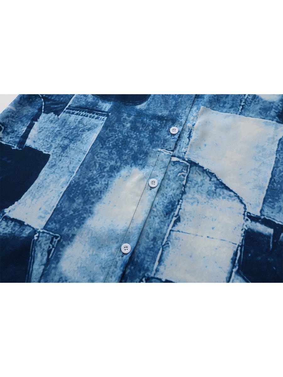Women's Patchwork Denim Print Button-Down Fall Midi Dress