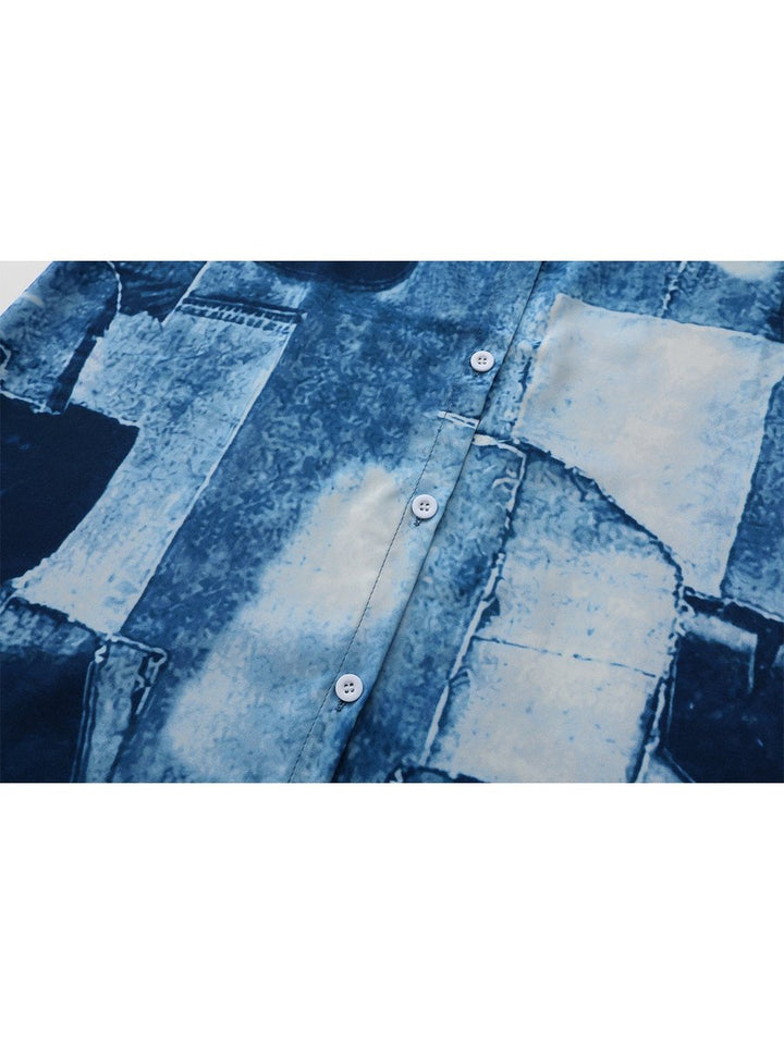 Women's Patchwork Denim Print Button-Down Fall Midi Dress