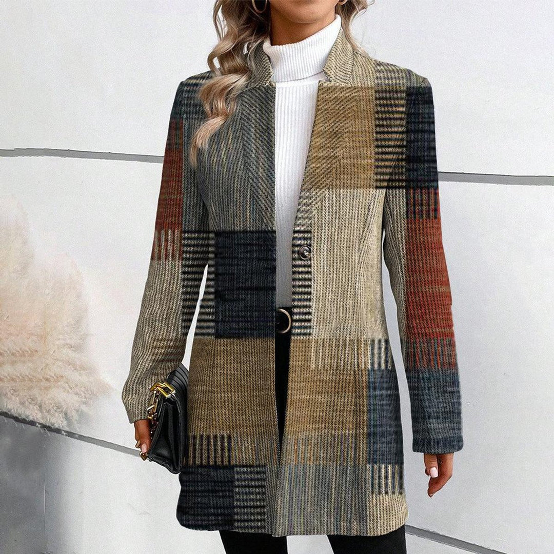 Women's Patchwork Plaid Long Blazer Coat Tailored Fit