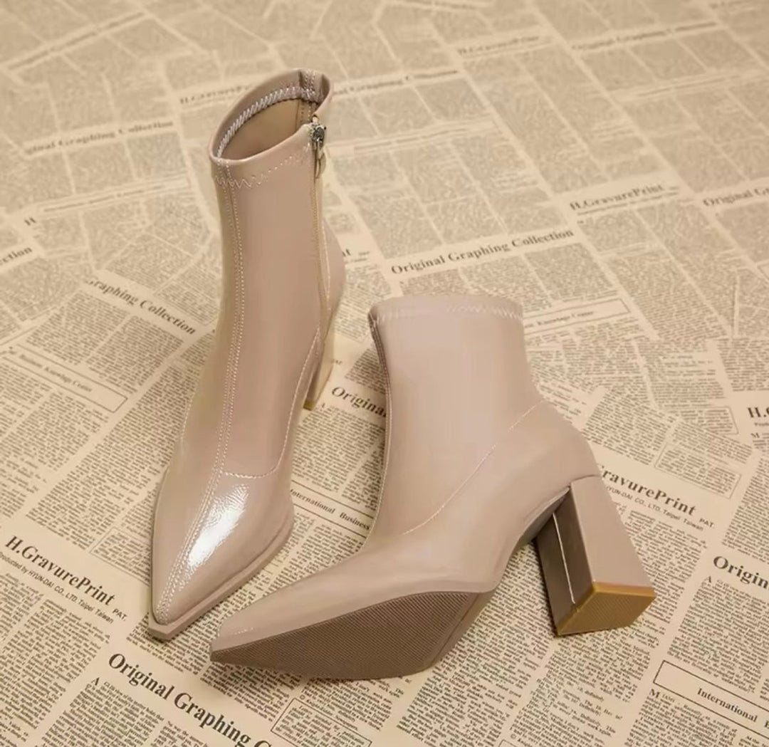 Women's Patent Leather Block-Heel Pointed-Toe Ankle Boots