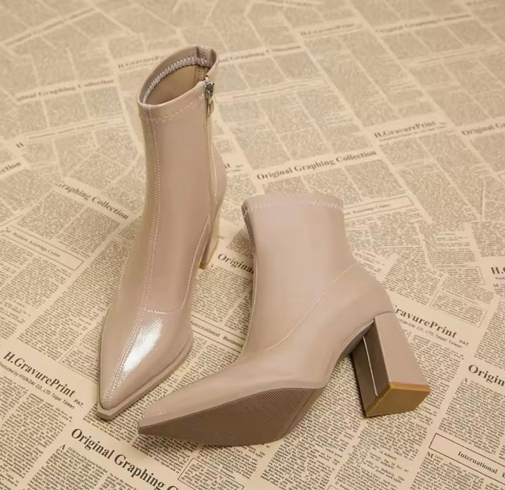 Women's Patent Leather Block-Heel Pointed-Toe Ankle Boots
