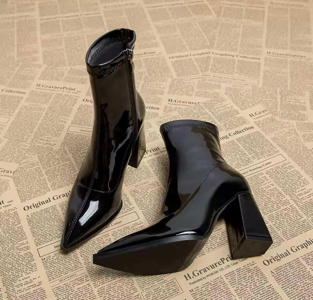 Women's Patent Leather Block-Heel Pointed-Toe Ankle Boots