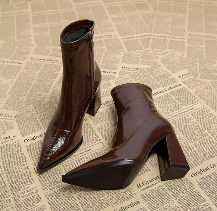 Women's Patent Leather Block-Heel Pointed-Toe Ankle Boots