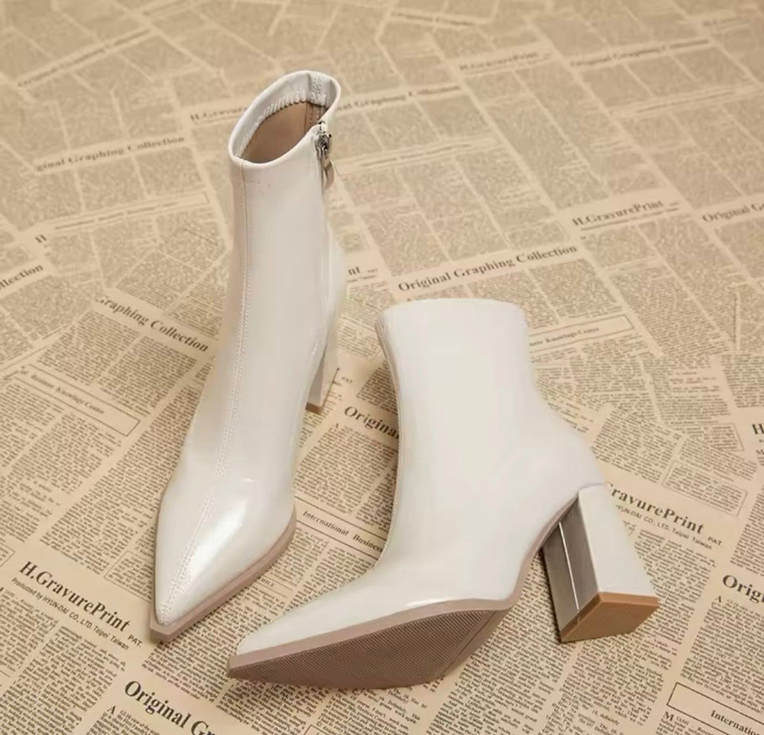 Women's Patent Leather Block-Heel Pointed-Toe Ankle Boots