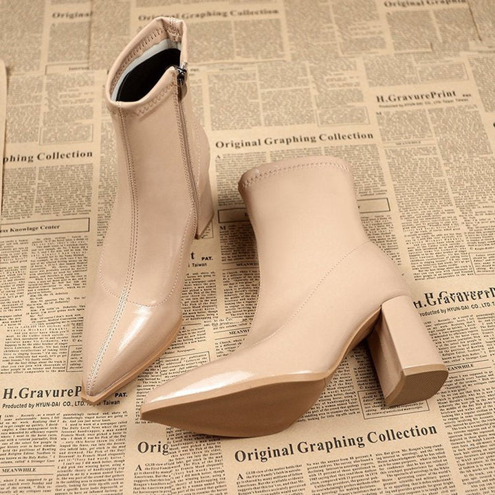 Women's Patent Leather Block-Heel Pointed-Toe Ankle Boots
