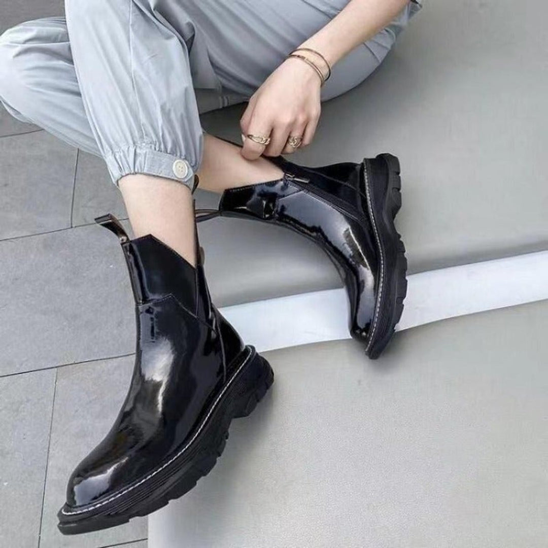 Women's Patent Leather Chelsea Ankle Boots Side-Zip Platform