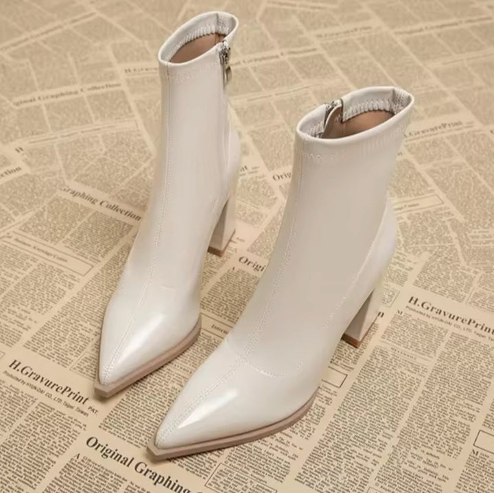 Women's Patent Leather Pointed-Toe Block-Heel Ankle Boots