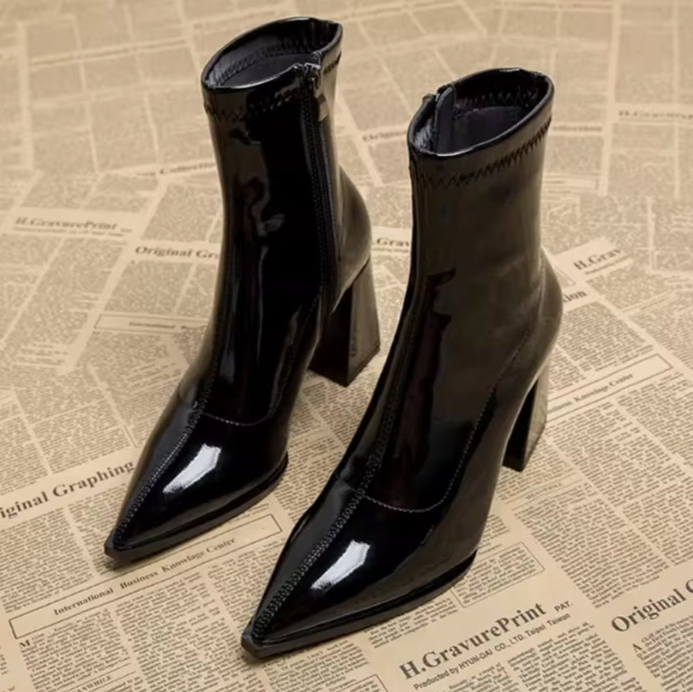 Women's Patent Leather Pointed-Toe Block-Heel Ankle Boots