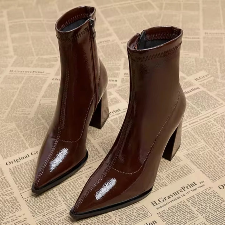 Women's Patent Leather Pointed-Toe Block-Heel Ankle Boots