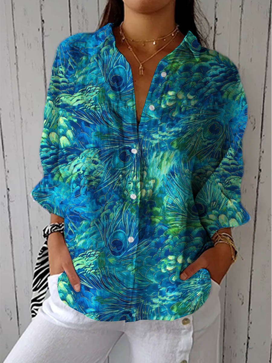 Women's Peacock Feather Print Long Sleeve Button-Up Blouse