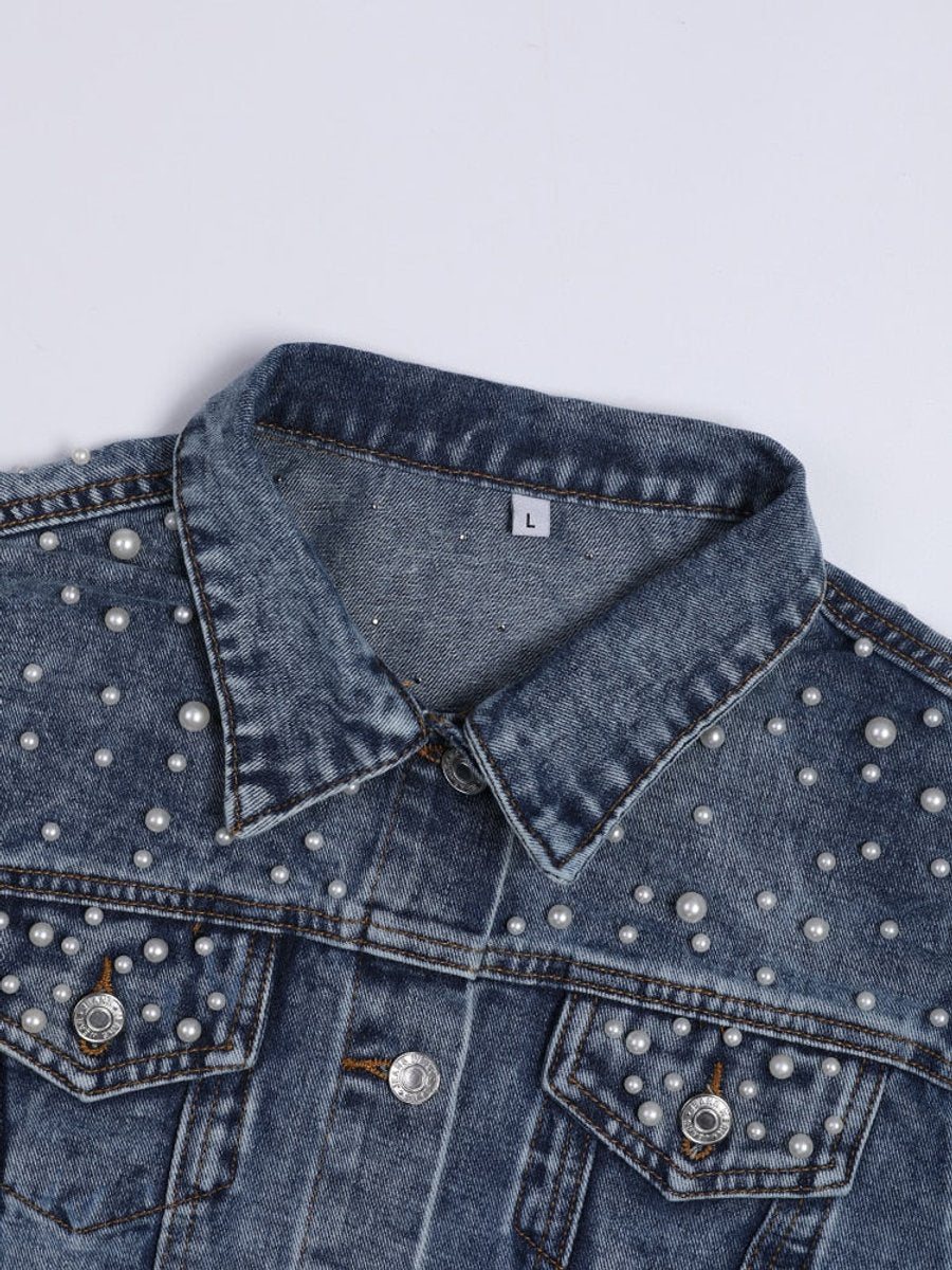 Women's Pearl-Embellished Button-Up Denim Jacket