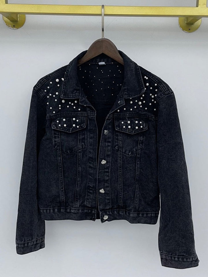 Women's Pearl-Embellished Button-Up Denim Jacket