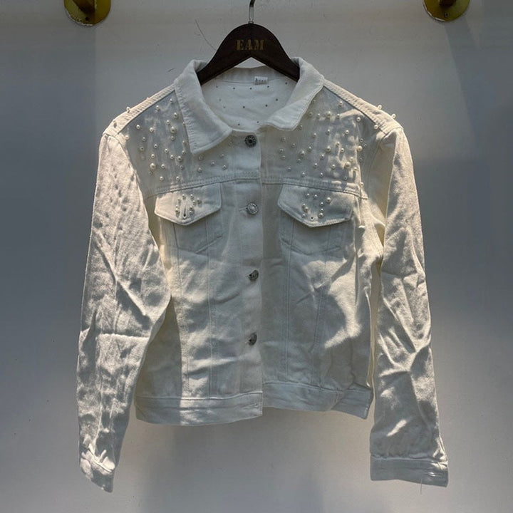 Women's Pearl-Embellished Button-Up Denim Jacket