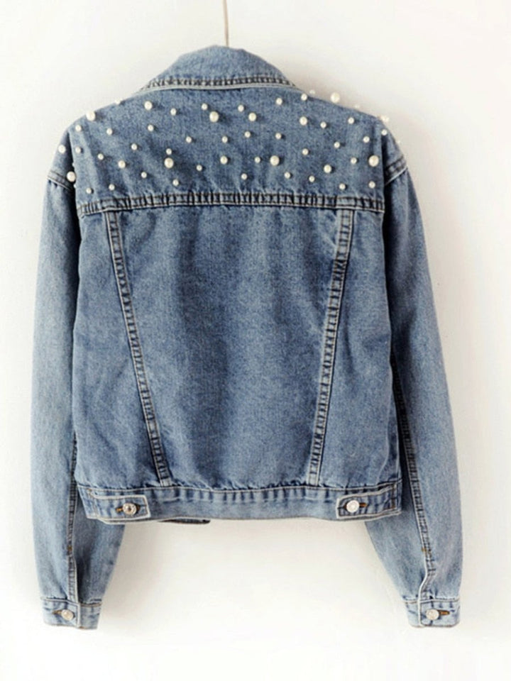 Women's Pearl-Embellished Button-Up Denim Jacket