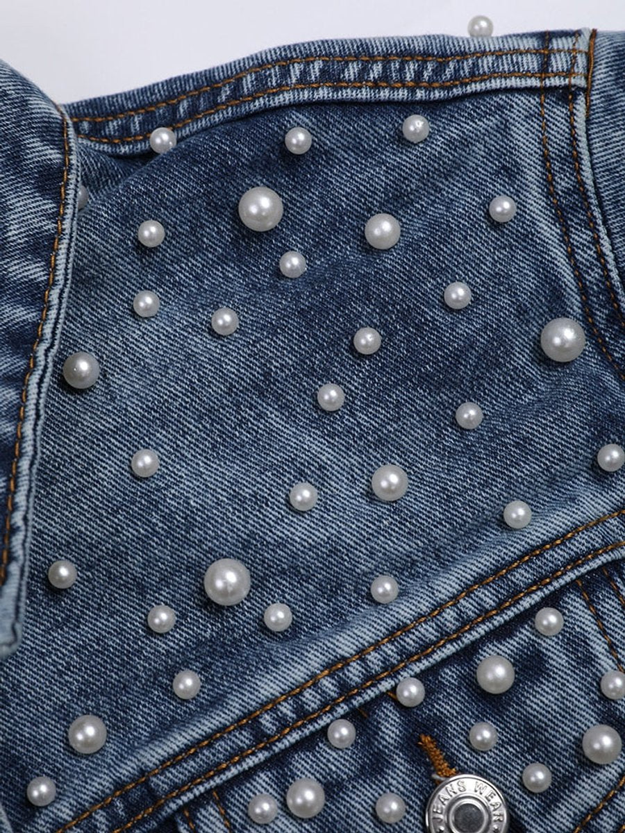 Women's Pearl-Embellished Button-Up Denim Jacket
