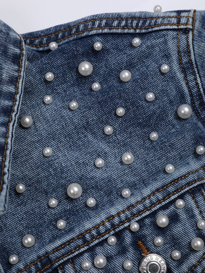 Women's Pearl-Embellished Button-Up Denim Jacket