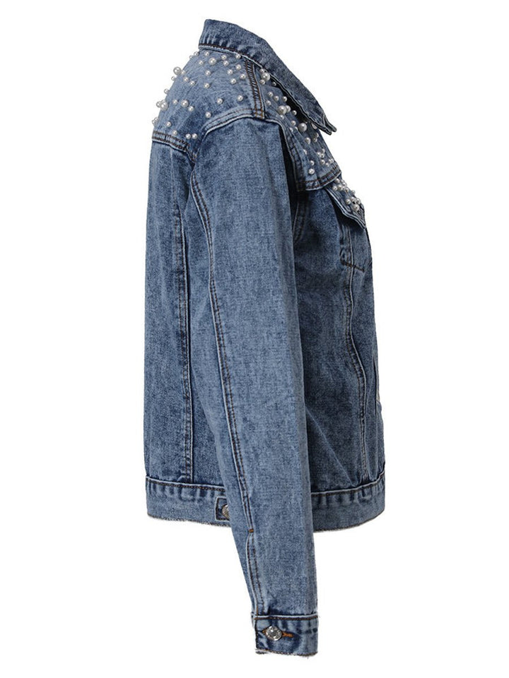Women's Pearl-Embellished Button-Up Denim Jacket