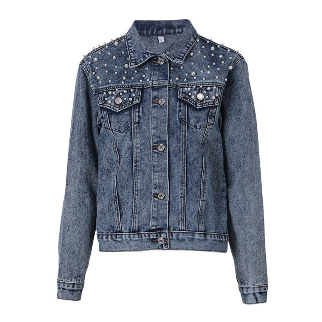 Women's Pearl-Embellished Button-Up Denim Jacket