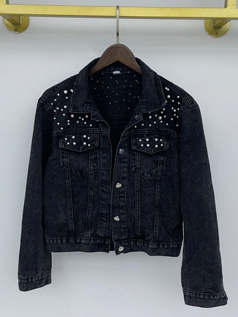 Women's Pearl-Embellished Button-Up Denim Jacket