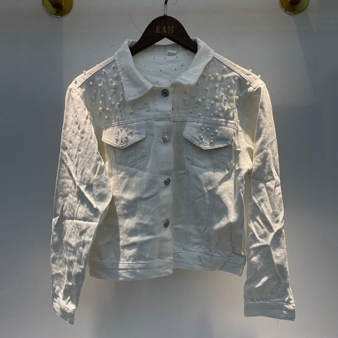 Women's Pearl-Embellished Button-Up Denim Jacket